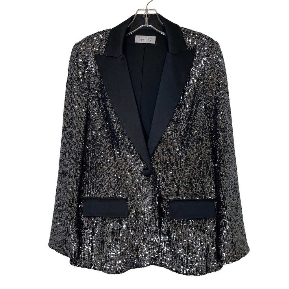 Rickie Freeman Teri Jon Silver Sequin Blazer Black Satin Party Festive Shimmer M